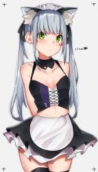 Rule 34 | 1girl, absurdres, aged down, animal ears, apron, arms behind back, bad id, bad pixiv id, black skirt, black thighhighs, blunt bangs, blush, breasts, cat ears, character name, clothes writing, collarbone, cowboy shot, crop top, detached collar, facial mark, girls&#039; frontline, green eyes, hair ornament, highres, hk416 (girls&#039; frontline), long hair, looking at viewer, maid headdress, rairaisama, sidelocks, silver hair, skirt, small breasts, solo, teardrop, thighhighs, twintails, waist apron