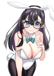 Rule 34 | 1girl, animal ear hairband, animal ears, bare arms, bare shoulders, black hair, black pantyhose, blue eyes, blush, bow, breasts, bunny day, cleavage, closed mouth, collarbone, cowboy shot, crossed bangs, detached collar, dorobou-chan, fake animal ears, glasses, green bow, hairband, hand on own chest, hashtag-only commentary, highres, hitotose hirune, large breasts, leaning forward, leotard, long hair, looking at viewer, nemukata (dorobou-chan), pantyhose, playboy bunny, rabbit ear hairband, rabbit ears, rabbit tail, simple background, solo, standing, straight hair, tail, wavy mouth, white background, white leotard