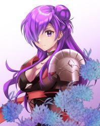Rule 34 | 1girl, armor, breasts, cleavage, closed mouth, collar, field, fire emblem, fire emblem: three houses, fire emblem warriors: three hopes, flower, flower field, hair bun, hair over one eye, highres, kakiko210, large breasts, long hair, looking at viewer, nintendo, purple eyes, purple hair, shez (female) (fire emblem), shez (fire emblem), shoulder armor, single hair bun, solo