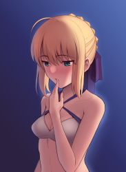 Rule 34 | 1girl, ahoge, artoria pendragon (all), artoria pendragon (fate), artoria pendragon (swimsuit archer) (first ascension) (fate), bare arms, bare shoulders, bikini, blonde hair, blue background, blush, boa (brianoa), breasts, criss-cross halter, embarrassed, fate/stay night, fate (series), finger to mouth, green eyes, hair bun, hair ribbon, half-closed eyes, halterneck, hand up, highres, nose blush, parted lips, purple ribbon, ribbon, saber (fate), sidelocks, single hair bun, small breasts, solo, swimsuit, upper body, white bikini