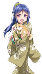 Rule 34 | 1girl, :d, animal, blue hair, blush, commentary request, dog, flower, hair flower, hair ornament, highres, holding, holding animal, holding dog, japanese clothes, kimono, leaning forward, long hair, long sleeves, looking at viewer, love live!, love live! school idol festival, love live! sunshine!!, matsuura kanan, obi, open mouth, ponytail, purple eyes, sash, simple background, smile, solo, white background, wide sleeves, yopparai oni