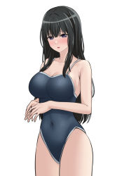 Rule 34 | 1girl, armpit crease, bang dream!, bare arms, bare shoulders, black hair, blue one-piece swimsuit, blush, breasts, cleavage, collarbone, commentary, competition school swimsuit, covered navel, cowboy shot, hands up, highres, long hair, looking at viewer, medium breasts, nose blush, one-piece swimsuit, own hands together, parted lips, ptal, purple eyes, raised eyebrows, school swimsuit, shirokane rinko, sideboob, sidelocks, simple background, solo, standing, swimsuit, white background