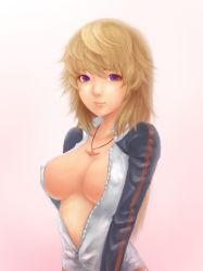 Rule 34 | 10s, 1girl, bad id, bad pixiv id, blonde hair, breasts, charlotte dunois, cleavage, covered erect nipples, highres, infinite stratos, jacket, jewelry, kaisa, large breasts, long hair, necklace, nipples, open clothes, open shirt, purple eyes, realistic, shirt, solo, track jacket