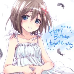 Rule 34 | 1girl, black feathers, blue eyes, blush, brown hair, character name, commentary, dated, dress, english text, feathers, hair ornament, happy birthday, head tilt, highres, kuroi mimei, lips, looking at viewer, lyrical nanoha, mahou shoujo lyrical nanoha, mahou shoujo lyrical nanoha a&#039;s, medium dress, notice lines, parted lips, short hair, smile, solo, sundress, upper body, wind, wind lift, x hair ornament, yagami hayate