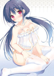 Rule 34 | 1girl, :o, babydoll, bad id, bad pixiv id, black hair, blue hair, blush, bracelet, breasts, cleavage, cropped, frills, front-tie top, gradient background, hair ornament, jewelry, lingerie, long hair, looking at viewer, low twintails, medium breasts, open mouth, original, pan (mimi), panties, parted lips, red eyes, see-through, shiny skin, side-tie panties, simple background, sitting, solo, thighhighs, twintails, underwear, very long hair, white panties, white thighhighs, x hair ornament, yokozuwari
