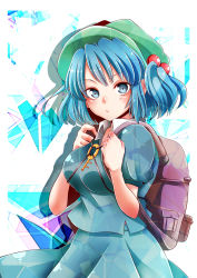 Rule 34 | 1girl, absurdres, backpack, bag, blue eyes, blue hair, hair bobbles, hair ornament, hat, highres, kawashiro nitori, key, looking at viewer, matching hair/eyes, short hair, silco, solo, touhou, twintails, two side up
