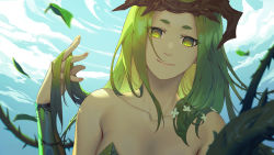 Rule 34 | 1girl, arm guards, bad id, bad pixiv id, bare shoulders, between fingers, blurry, breasts, closed mouth, day, depth of field, fantasy, fingernails, flower, green eyes, green hair, hair flower, hair ornament, hand up, head tilt, highres, holding, leaf, long hair, looking at viewer, monster girl, original, plant, plant girl, sky, smile, solo, strapless, thorns, upper body, vines, wangxiii, white footwear
