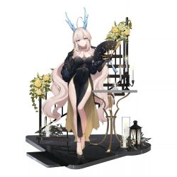 Rule 34 | 1girl, ahoge, bare legs, bare shoulders, black dress, black gloves, blue eyes, breasts, candle, candlestand, champagne flute, cup, dragon girl, dragon horns, dress, drinking glass, elbow gloves, eversoul, feather boa, flower, full body, game cg, gloves, hair between eyes, hand fan, high heels, highres, holding, holding fan, honglan (eversoul), horns, lantern, large breasts, leaf, long hair, looking at viewer, mole, mole under eye, non-web source, official alternate costume, official alternate hairstyle, official art, parted lips, pelvic curtain, side slit, solo, spiral staircase, stairs, standing, table, tachi-e, thighs, transparent background, twintails, very long hair, white hair, yellow flower, yellow footwear