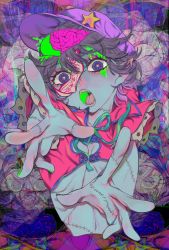 Rule 34 | 1girl, abstract background, black hair, blood, blue eyes, brain, cabbie hat, colored blood, colored skin, crop top, cross-section, disembodied hand, distortion, fangs, fingernails, flat chest, green blood, green neckwear, green ribbon, green skin, hat, highres, jiangshi, lace-trimmed sleeves, lace trim, looking at viewer, miyako yoshika, nail polish, no arms, ofuda, open mouth, outstretched arms, pale skin, pointy ears, purple headwear, reaching, reaching towards viewer, red shirt, ribbon, shirt, short hair, star (symbol), stitches, teeth, tongue, touhou, upper body, yamazaki tsukune, zombie pose
