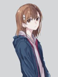 Rule 34 | 1girl, :/, asymmetrical bangs, brown eyes, brown hair, casual, flower, from side, grey background, hair between eyes, hair flower, hair ornament, hood, hoodie, looking at viewer, looking to the side, medium hair, misaka mikoto, natsu (batti yeah), simple background, solo, toaru majutsu no index, upper body