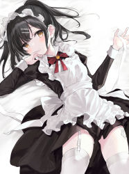 Rule 34 | 1girl, apron, bed, black hair, blush, fate/kaleid liner prisma illya, fate (series), garter straps, hand to own mouth, highres, looking at viewer, lying, maid, maid apron, maid headdress, miyu edelfelt, nanananana, ponytail, short hair, skindentation, solo, thighhighs, white thighhighs, yellow eyes
