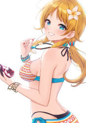 Rule 34 | 1girl, :d, absurdres, ass, back, bare shoulders, bikini, blonde hair, blue eyes, blue ribbon, blush, bracelet, breasts, butt crack, flower, food, from behind, fruit, hachimiya meguru, hair flower, hair ornament, halterneck, highres, holding, holding food, idolmaster, idolmaster shiny colors, jewelry, long hair, looking at viewer, looking back, low twintails, medium breasts, multicolored bikini, multicolored clothes, necklace, open mouth, pn (wnsl216), pomegranate, ribbon, side-tie bikini bottom, sideboob, simple background, smile, solo, swimsuit, twintails, upper body, white background, white flower