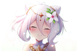 Rule 34 | 1girl, antenna hair, backlighting, bare shoulders, blush, closed eyes, closed mouth, commentary request, cone hair bun, covered collarbone, crying, crying with eyes open, facing viewer, female focus, flower, hair between eyes, hair bun, hair flower, hair ornament, highres, kokkoro (ceremonial) (princess connect!), kokkoro (princess connect!), pointy ears, portrait, princess connect!, puririn, silver hair, simple background, smile, solo, tears, twintails, white background, white flower
