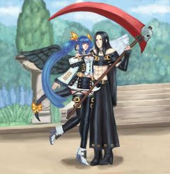 Rule 34 | 1boy, 1girl, abs, absurdres, angel wings, black hair, black thighhighs, blue hair, boots, dizzy (guilty gear), guilty gear, guilty gear xrd, hair ribbon, hand on another&#039;s head, highres, long hair, looking at another, midriff, moontears, nature, outdoors, red eyes, ribbon, scythe, shiny clothes, shiny legwear, smile, tail, testament (guilty gear), thighhighs, tree, very long hair, wings, zettai ryouiki