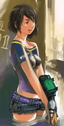 Rule 34 | 1girl, ass, bare shoulders, black eyes, black hair, bodypaint, breasts, denim, denim shorts, earrings, fallout (series), fallout 3, false clothes, gauntlets, gloves, highres, jewelry, large breasts, lone wanderer, mizumura-ya, original, painted clothes, pip boy, short hair, short shorts, shorts, solo, vault boy, wading, water