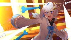 Rule 34 | 1girl, absurdres, amane kanata, angel, angel wings, ao12073010, armband, asymmetrical hair, blue bow, blue bowtie, blue eyes, blue hair, bob cut, bone, bow, bowtie, detached wings, determined, hair over one eye, hallway, halo, highres, hololive, mini wings, open mouth, sailor collar, single hair intake, sleeves past fingers, sleeves past wrists, solo, star halo, undertale, virtual youtuber, wings
