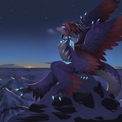 Rule 34 | 1girl, blue eyes, breath, claws, colored sclera, dawn, fang, feather hair, feathered wings, feathers, full body, furry, furry female, glowing, glowing eyes, glowing horns, glowing markings, glowing nails, highres, horns, kamukamu6392, lizard tail, looking at viewer, mountain, open mouth, original, pointy ears, purple feathers, purple scales, purple sclera, red hair, scales, sitting, snow, solo, star (sky), sunrise, tail, talons, winged arms, wings