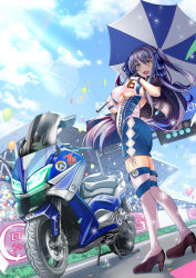 Rule 34 | 1girl, :d, ass, balloon, blue hair, blush, breasts, confetti, gloves, green eyes, hasaya, high heels, highres, long hair, motor vehicle, motorcycle, open mouth, original, race queen, smile, solo, thighhighs, two side up, umbrella, underboob, very long hair, white gloves, white thighhighs