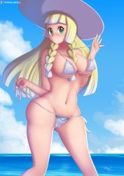 Rule 34 | 1girl, aged up, areola slip, beach, bikini, blonde hair, breasts, cameltoe, cleavage, creatures (company), game freak, green eyes, hat, highres, large breasts, lillie (pokemon), long hair, looking at viewer, navel, nintendo, parted lips, pokemon, pokemon sm, side-tie bikini bottom, solo, standing, swimsuit, thighs, white bikini, zelc-face