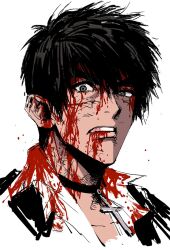Rule 34 | 1boy, black choker, black eyes, black hair, black jacket, blood, blood on clothes, blood on face, choker, collared shirt, cross, cross choker, highres, jacket, looking at viewer, male focus, my nameisyoon, nicholas d. wolfwood, parted lips, portrait, shirt, short hair, simple background, sketch, solo, teeth, trigun, white background, white shirt