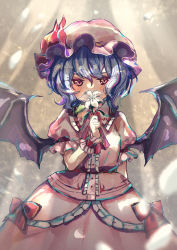 Rule 34 | 1girl, bat wings, flower, hat, hat ribbon, highres, holding, holding flower, kutabiretainu, looking at viewer, mob cap, pink hat, puffy short sleeves, puffy sleeves, remilia scarlet, ribbon, short sleeves, smelling flower, solo, touhou, white flower, wings, wrist cuffs