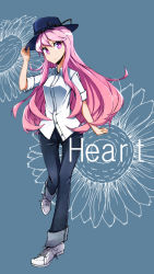 Rule 34 | 1girl, alternate costume, arm at side, blouse, blue background, casual, colored eyelashes, contemporary, denim, english text, expressionless, floral background, flower, full body, hat, hata no kokoro, highres, holding, holding clothes, holding hat, jeans, long hair, monokero, pants, pink eyes, pink hair, shirt, shoes, short sleeves, sneakers, solo, standing, standing on one leg, sunflower, touhou, white shirt