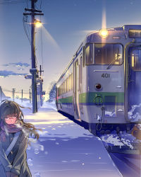 Rule 34 | 1girl, bag, breath, brown eyes, brown hair, cloud, coat, daito, glasses, highres, hokkaido, jacket, lamp, long hair, original, outdoors, plaid, plaid scarf, real world location, red-framed eyewear, red scarf, road, scarf, scenery, school bag, shoulder bag, sky, snow, snowing, solo, train, v arms, winter, winter clothes, winter coat