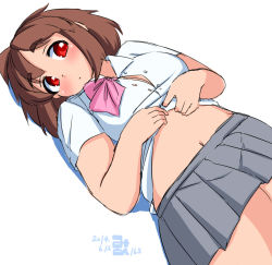 Rule 34 | 10s, 1girl, 2014, ahoge, ascot, bad id, bad pixiv id, belly, blush, breasts, brown hair, cleavage, clothes lift, collared shirt, dated, eno konoe, eyebrows, large breasts, looking at viewer, lying, medium breasts, midriff, mikomu, miniskirt, navel, on back, original, pleated skirt, plump, red eyes, shirt, shirt lift, short hair, short sleeves, signature, skirt, solo, thick eyebrows, thick thighs, thighs, unbuttoned