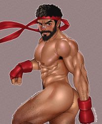 Rule 34 | 1boy, alternate facial hair, anal hair, ass, ass focus, bandaid, bandaid on face, bandaid on nose, bara, beard, black hair, blush, boxing gloves, chest hair, completely nude, facial hair, forked eyebrows, hairy, highres, large pectorals, leg hair, leg up, looking at viewer, male focus, muscular, muscular male, mustache, nipples, nude, otokobara, pectorals, ryu (street fighter), short hair, solo, street fighter, street fighter ii (series), thick thighs, thighs