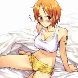 Rule 34 | 1girl, arm support, barefoot, bed, bed sheet, blush, breasts, brown eyes, cleavage, covered erect nipples, female focus, frown, kneeling, large breasts, micro shorts, midriff, mosha, nami (one piece), one piece, orange hair, short hair, short shorts, shorts, solo, tank top, tattoo, tears