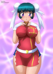 Rule 34 | 1girl, absurdres, belt, beyblade, blush, breasts, bun cover, china dress, chinese clothes, double bun, dress, fingerless gloves, gloves, green hair, hair bun, hands on own chest, highres, large breasts, looking at viewer, mei mei (beyblade), metal fight beyblade, open mouth, purple background, purple eyes, red dress, sleeveless, sleeveless dress, standing, white belt, white gloves, zel-sama