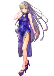 Rule 34 | 1girl, absurdres, alternate costume, arm at side, bare arms, black footwear, blue dress, blue eyes, blush, breasts, china dress, chinese clothes, clannad, commentary request, commission, dress, eyelashes, eyes visible through hair, floating hair, floral print, full body, grey hair, hair between eyes, hand up, high heels, highres, hip vent, legs, long hair, looking at viewer, medium breasts, open mouth, rgrey00, sakagami tomoyo, sidelocks, solo, standing, straight hair, very long hair