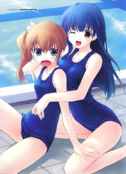 Rule 34 | blue hair, brown hair, makita yoshiharu, pool, school swimsuit, swimsuit, wink, 2girls, fang, multiple girls, one-piece swimsuit, open mouth, side ponytail, smile