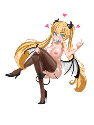Rule 34 | 1girl, absurdres, back-seamed legwear, bad anatomy, bar censor, black footwear, blonde hair, blue eyes, blush, breasts, brown thighhighs, censored, cleavage, come hither, condom, condom in mouth, crossed legs, deathpoint, demon girl, demon horns, demon tail, demon wings, full body, heart, heart tail, high heels, highres, horns, invisible chair, large breasts, long hair, looking at viewer, low wings, maplestory, mouth hold, nipples, nude, pussy, seamed legwear, shoes, sitting, smile, solo, spread pussy, tail, thighhighs, very long hair, white background, wings