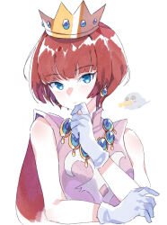 Rule 34 | 1girl, blue eyes, crown, dress, earrings, fq75017, gloves, gold necklace, hand on own chin, highres, jewelry, keyzer, looking at viewer, necklace, nintendo, princess shokora, red hair, short hair, simple background, sleeveless, sleeveless dress, wario land, wario land 4, white background, white gloves