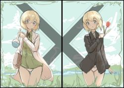 Rule 34 | 2girls, bad id, bad twitter id, beach, blonde hair, blue eyes, blush, book, bow, bow panties, erica hartmann, flower, glasses, looking at viewer, multiple girls, painterly, panties, red flower, red rose, rose, short hair, siblings, sisters, strike witches, strike witches: suomus misfits squadron, take (trude1945oneetyan), thigh gap, underwear, ursula hartmann, world witches series