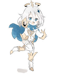 Rule 34 | 1girl, blue eyes, blush, chibi, commentary request, full body, genshin impact, hair between eyes, hair ornament, halo, highres, long sleeves, looking at viewer, medium hair, open mouth, outstretched arm, paimon (genshin impact), simple background, smile, solo, star (symbol), star hair ornament, white background, white hair, xxxx saki