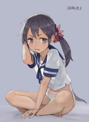 Rule 34 | 10s, 1girl, :t, akebono (kancolle), arm up, bare legs, barefoot, bell, dated, flower, full body, hair bell, hair flower, hair ornament, highres, indian style, jewelry, kantai collection, long hair, looking at viewer, md5 mismatch, navel, no pants, panties, purple eyes, purple hair, resized, ring, school uniform, serafuku, side ponytail, simple background, sitting, solo, toro (konirio), underwear, wedding band, white panties