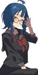 Rule 34 | adjusting eyewear, ahoge, bespectacled, black-framed eyewear, black sailor collar, black serafuku, black skirt, blue eyes, blue hair, bow, bowtie, braided sidelock, collarbone, facing viewer, glasses, half-closed eyes, hand on eyewear, hand up, highres, light blush, looking at viewer, make heroine ga oo sugiru!, nemu (jdgz3357), official alternate costume, official alternate hairstyle, parted lips, red bow, red bowtie, round eyewear, sailor collar, school uniform, serafuku, short hair, simple background, sitting, skirt, sleeves past elbows, smile, three quarter view, white background, wispy bangs, yanami anna