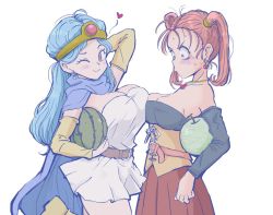 Rule 34 | 2girls, breast envy, breasts, cleavage, dragon quest, dragon quest viii, food, fruit, jessica albert, kajino (aosansai), large breasts, multiple girls, sage (dq3), simple background, watermelon, white background