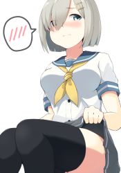 Rule 34 | 10s, 1girl, alternate legwear, black thighhighs, blue eyes, blush, breasts, buttons, clothes lift, eyes visible through hair, hair ornament, hair over one eye, hairclip, hamakaze (kancolle), kantai collection, large breasts, looking to the side, neckerchief, no gloves, pleated skirt, school uniform, serafuku, short hair, short sleeves, silver hair, simple background, skirt, skirt lift, solo, speech bubble, spoken blush, sui (tsuruhibiki), thighhighs, white background, yellow neckerchief