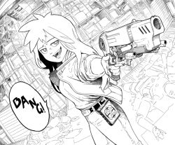 Rule 34 | 1girl, :d, aiming, aiming at viewer, belt, bright pupils, commentary, dutch angle, english commentary, greyscale, gun, holding, holding gun, holding weapon, jacket, jitome, long hair, looking at viewer, monochrome, open clothes, open jacket, open mouth, original, pants, smile, solo, standing, weapon, white pupils, y naf
