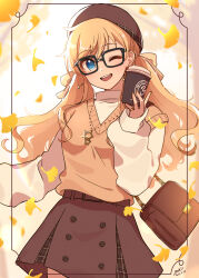 Rule 34 | 1girl, absurdres, bag, black-framed eyewear, blonde hair, blue eyes, blush, breasts, brown headwear, brown skirt, coffee cup, cup, disposable cup, grk 11601, hair ribbon, handbag, highres, idolmaster, idolmaster cinderella girls, jewelry, long hair, looking at viewer, low twintails, medium breasts, ohtsuki yui, one eye closed, open mouth, pinky ring, ribbon, skirt, smile, solo, sweater, sweater vest, turtleneck, turtleneck sweater, twintails, wavy hair