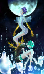 Rule 34 | 2others, androgynous, barefoot, blue hair, blunt bangs, breaking, broken, bubble, closed eyes, colored eyelashes, decapitation, dual persona, full body, gem, gem uniform (houseki no kuni), gender request, gold, golden arms, green hair, hei yu, highres, houseki no kuni, multiple others, necktie, phosphophyllite, phosphophyllite (ll), see-through, shards, short hair, spoilers, white eyes