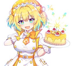 Rule 34 | 1girl, :d, absurdres, blonde hair, blue eyes, blue hair, bombergirl, breasts, cake, candle, cherry, commentary request, dated, dress, fangs, fire, food, fruit, gloves, hair between eyes, hands up, highres, holding, holding plate, kaoling, large breasts, multicolored hair, open mouth, pine (bombergirl), plate, puffy short sleeves, puffy sleeves, short sleeves, simple background, smile, solo, symbol-shaped pupils, two-tone hair, two side up, white background, white dress, white gloves