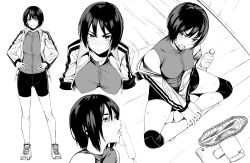 Rule 34 | 1girl, bike shorts, black hair, blush, bottle, breasts, chicke iii, contrapposto, food, greyscale, hand fan, hands on own hips, highres, impossible clothes, impossible shirt, indian style, jacket, knee brace, looking at viewer, medium breasts, monochrome, multiple views, original, popsicle, shirt, shoes, short hair, sitting, skindentation, smile, sneakers, sweat, thighs, tomboy, tongue, track jacket, water bottle
