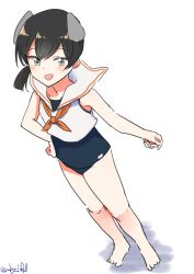 Rule 34 | 1girl, absurdres, black eyes, black hair, blue one-piece swimsuit, blush, dated, full body, headgear, highres, i-41 (kancolle), kantai collection, looking at viewer, neckerchief, one-piece swimsuit, open mouth, orange neckerchief, robinson (day l full), sailor collar, sailor shirt, school swimsuit, shadow, shirt, short hair, sleeveless, sleeveless shirt, smile, solo, swimsuit, swimsuit under clothes, white background, white sailor collar