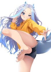 Rule 34 | 1girl, barefoot, blue eyes, blue hair, blue horns, blue nails, blush, character request, copyright request, denim, denim shorts, feet, fighting stance, foot out of frame, foot up, forehead, grey hair, hand up, hood, hood down, hoodie, horns, knee up, legs, long hair, long sleeves, looking at viewer, mofu namako, multicolored hair, nail polish, parted bangs, shadow, short shorts, shorts, simple background, smile, soles, solo, streaked hair, toenail polish, toenails, toes, torn clothes, torn shorts, very long hair, white background, yellow hoodie