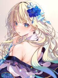 Rule 34 | 1girl, absurdres, aizawa ema, armpit crease, back, bare shoulders, blonde hair, blue eyes, blue flower, blue kimono, cat earrings, floating hair, flower, gradient background, green hair, hair flower, hair ornament, hand in own hair, hand on own chest, highres, japanese clothes, kimono, long hair, looking at viewer, looking back, off shoulder, parted lips, ruo19, solo, virtual youtuber, vspo!, white flower