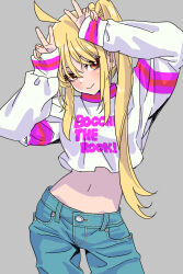 Rule 34 | 1girl, absurdres, ahoge, arms up, blonde hair, bocchi the rock!, brown eyes, closed mouth, contrapposto, copyright name, cowboy shot, crop top, denim, detached ahoge, double v, grey background, highres, ijichi nijika, jacket, jeans, long hair, long sleeves, looking at viewer, navel, pants, print jacket, simple background, solo, standing, straight-on, v, white jacket, yamashita shun&#039;ya